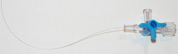 Polyethylene microcatheter connected to a four-way stopcock with female Luer