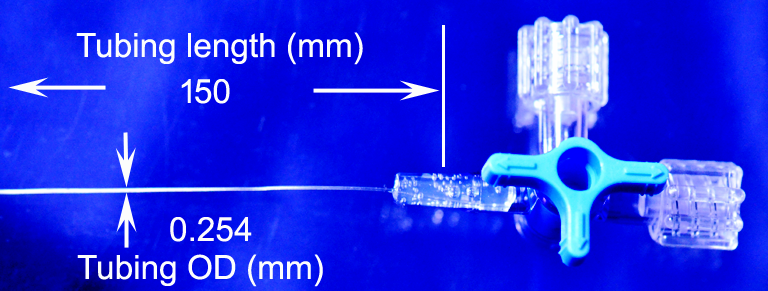 Guided PU-254 microcatheter 150 mm connected to 4-way stopcock